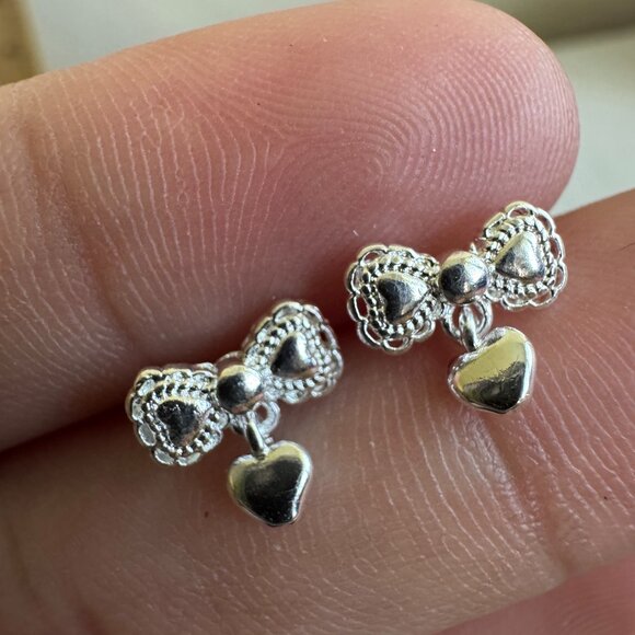 Cute Bow Heart Dangle Earrings – Silver Tone - Picture 2 of 5